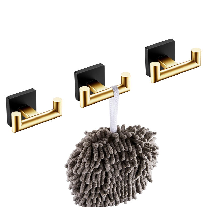 KOKOSIRI Robe Hooks Bath Towel Hooks Bathroom Hardware Double Coat Hooks Wall Mounted, Stainless Steel 3 Pack Black with Gold B1015GDK-P3 Black Gold
