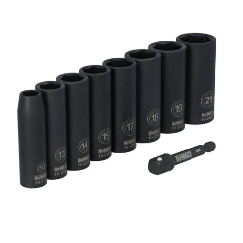 DEWALT 3/8 Impact Socket Set, 9 Pcs Deep Metric Socket Set, 6 point, 10 mm to 21 mm, Includes 1/4 inch Adapter, for Cordless and Corded Impact Drivers and Wrenches (DWAFSMSET9) 9 Pc Metric
