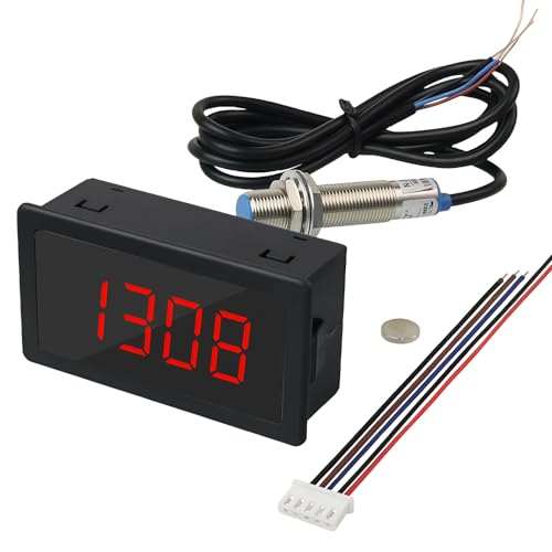 4 Digital Tachometer, Digital LED Tachometer, Motor Tachometer with Hall Proximity Switch Sensor NPN, Input 10-9999RPM Range, Speed Meter Panel for Car Display (Red)
