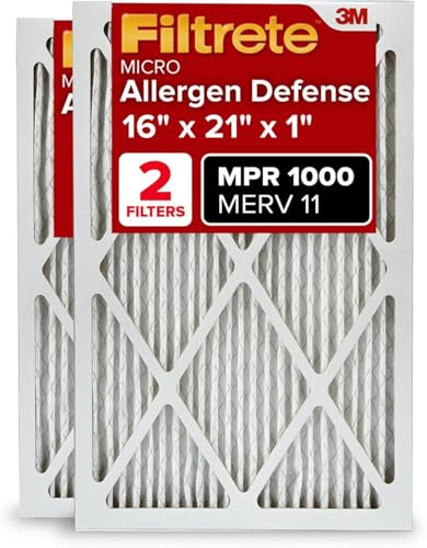 Filtrete 16x21x1 AC Furnace Air Filter, MERV 11, MPR 1000, Micro Allergen Defense, 3-Month Pleated 1-Inch Electrostatic Air Cleaning Filter, 2 Pack