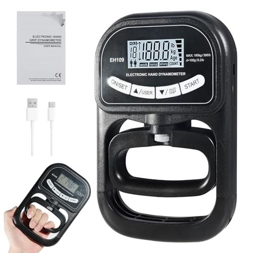 Digital Grip Strength Gauge, 396 lbs / 180 kg Hand Dynamometer, Black Hand Strength Gauge, Grip Strength Trainer with LCD Display, Grip Strength Trainer with USB Charging Cable and 19 Recording Groups