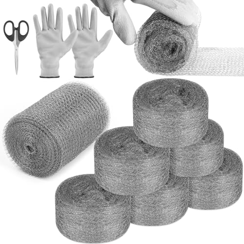 Steel Wool Mice Control, 6 Pack 3.2" x60 FT #1 Steel Wool & 1 Pack 5" x30 FT Stainless Mesh Gap Filler, Mouse Hole Filler DIY Kit, Rodent Barrier Kit for House Garden Pipeline Polishing Chrome Glass