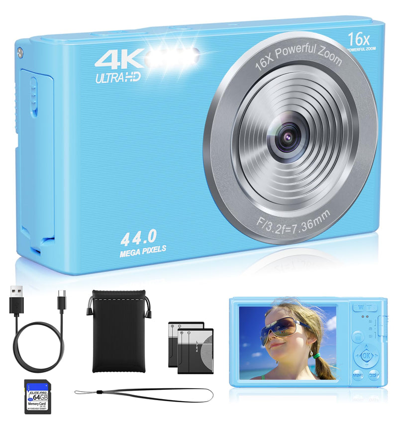 Digital Camera, FHD 4K 44MP Compact Cameras with 64GB SD Card 2 Batteries, 16X Autofocus Digital Zoom Point and Shoot Camera for Teens Kids Boys Girls