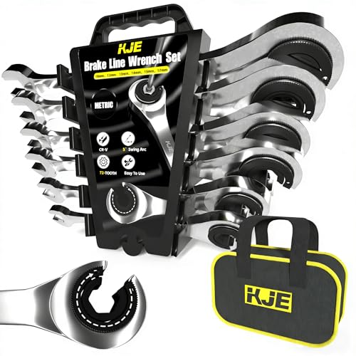 KJE 6PCS Metric 10-17mm Ratcheting Flare Nut Wrench, Brake Line Wrench Set, Ratcheting open end Tubing Wrench Set, 72-Tooth, CR-V, for Nuts on Fuel, Brake or Air Conditioning Lines, Gifts for Men 6PCS 10-17mm Ratcheting