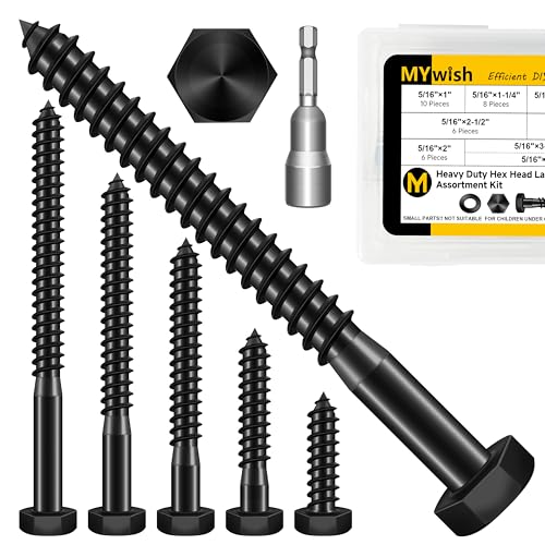 Mywish 96Pcs 5/16 Hex Head Lag Screws Assortment Kit, External Heavy Duty Lag Bolts with Flat Washers, 304 Stainless Steel Wood Screws 18-8, Black Oxided 5/16 Bolts for Outdoor 96Pcs 5/16 Kit