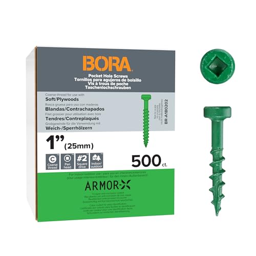 Bora Pocket Hole Screws 1 Inch Coarse Thread - 500 Pack for Wood Joinery - Professional Woodworking Bora Jig Compatible Screws for Furniture, Cabinetry & Carpentry Projects 1 inch (500 Piece)