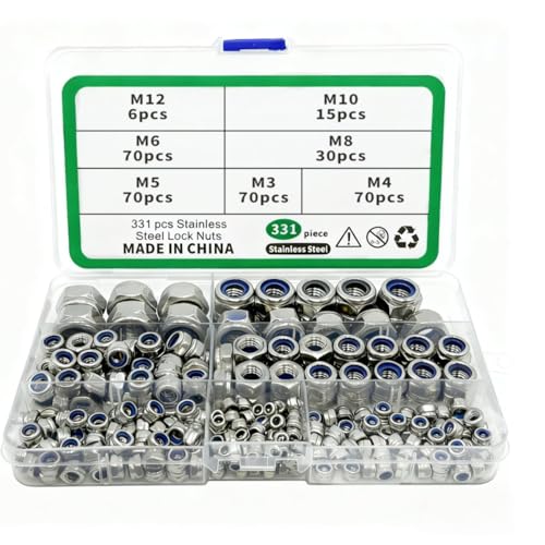 BOLDGNAITE 331pcs Metric Lock Nuts Assortment Kit,M3 M4 M5 M6 M8 M10 M12 Nylon Insert Locknuts, 304 Stainless Steel Self-Locking Nuts Set for Industrial and Home Use