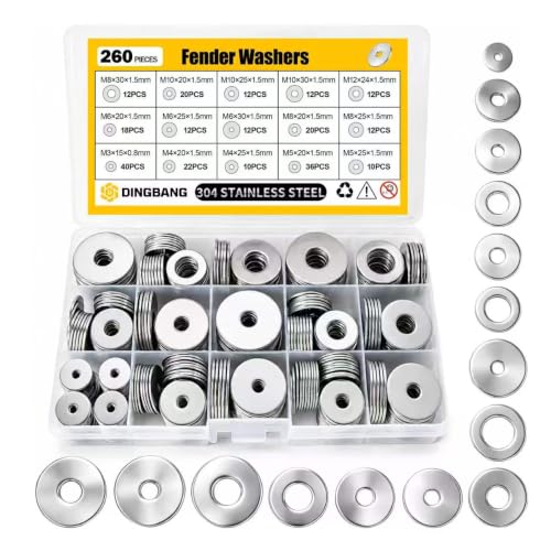 260Pcs Fender Washer Assortment Kit,304 Stainless Steel Assorted Washers,15 Sizes M3 M4 M5 M6 M8 M10 M12 Flat Washers Kit for Screws and Bolts,Hardware Fasteners for Industrial & DIY Use M3-M12 260