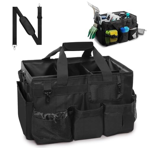 Large Wearable Cleaning Caddy Bags, Cleaning Supplies Organizer with Adjustable Shoulder Straps & Divider, 14 inch Black Tool Bag for Housekeepers & Cleaners Large