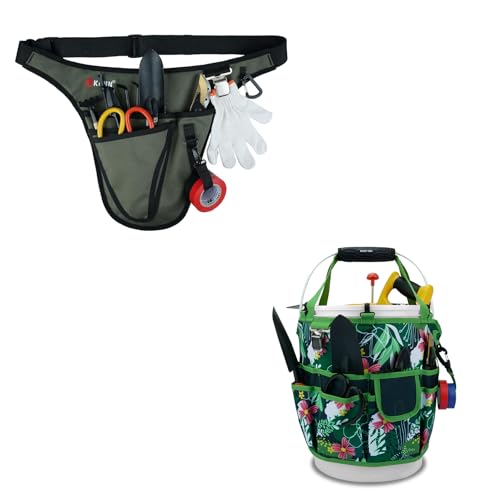KUNN Garden Tool Belt,Durable Adjustable Tool Belt Waist Pouch with 4 Pocket for Women Men Gardeners Florist Army Green + Bucket Tool Organizer 5 Gallon 18-Pocket Gardening Tool Bag