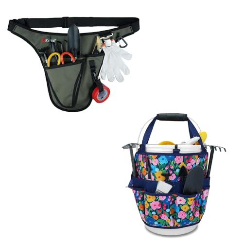 KUNN Garden Tool Belt,Durable Adjustable Tool Belt Waist Pouch with 4 Pocket for Women Men Gardeners Florist Army Green + 18-Pocket Bucket Tool Organizer | Heavy-Duty 5 Gallon Bucket Caddy