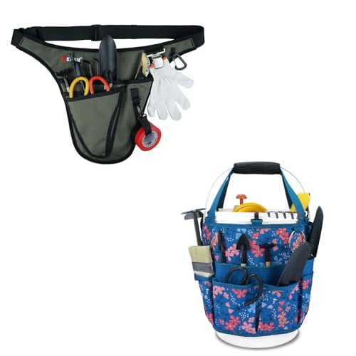 KUNN Garden Tool Belt,Durable Adjustable Tool Belt Waist Pouch with 4 Pocket for Women Men Gardeners Florist Army Green + Bucket Organizer 5 Gallon 18-Pocket Tool Bucket Bag with 6 Hooks