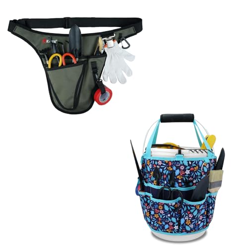 KUNN Garden Tool Belt,Durable Adjustable Tool Belt Waist Pouch with 4 Pocket for Women Men Gardeners Florist Army Green + Bucket Tool Organizer 5 Gallon with Hangable Handle