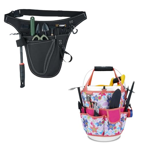 KUNN Garden Tool Organizer Belt Multifunctional Work Apron Pouch for Gardeing Florist Plumbing,Black + 5 Gallon Bucket Organizer 18-Pocket Bucket Tool Bag with Hangable Handle