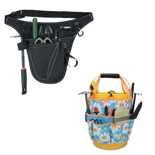KUNN Garden Tool Organizer Belt Multifunctional Work Apron Pouch for Gardeing Florist Plumbing,Black + 5 Gallon Bucket Organizer 18-Pocket Tool Bag with Hangable Handle