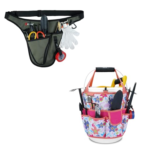 KUNN Garden Tool Belt,Durable Adjustable Tool Belt Waist Pouch with 4 Pocket for Women Men Gardeners Florist Army Green + 5 Gallon Bucket Organizer 18-Pocket Bucket Tool Bag with Hangable Handle