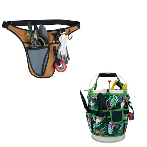 KUNN Garden Tool Waist Belt - 4 Deep Pockets Tool Apron for Women Men,Utility Pouch + Bucket Tool Organizer 5 Gallon 18-Pocket Gardening Tool Bag with Hangable Handle