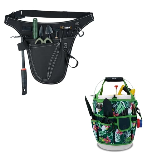 KUNN Garden Tool Organizer Belt Multifunctional Work Apron Pouch for Gardeing Florist Plumbing,Black + Bucket Tool Organizer 5 Gallon 18-Pocket Gardening Tool Bag with Hangable Handle