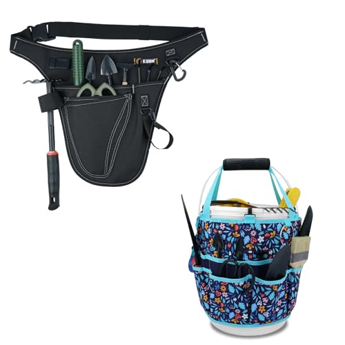 KUNN Garden Tool Organizer Belt Multifunctional Work Apron Pouch for Gardeing Florist Plumbing,Black + Bucket Tool Organizer 5 Gallon with Hangable Handle 18-Pocket Detachable Bucket Bag