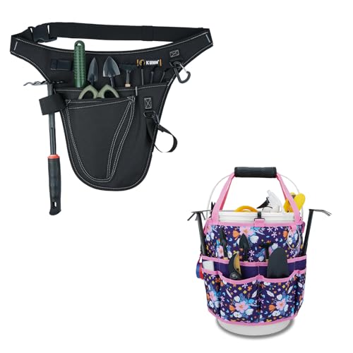 KUNN Garden Tool Organizer Belt Multifunctional Work Apron Pouch for Gardeing Florist Plumbing,Black + 5 Gallon Bucket Tool Organizer 18-Pocket Heavy-Duty Bucket Caddy