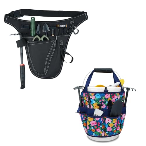 KUNN Garden Tool Organizer Belt Multifunctional Work Apron Pouch for Gardeing Florist Plumbing,Black + 18-Pocket Bucket Tool Organizer | Heavy-Duty 5 Gallon Bucket Caddy