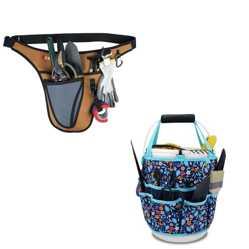 KUNN Garden Tool Waist Belt - 4 Deep Pockets Tool Apron for Women Men,Utility Pouch + Bucket Tool Organizer 5 Gallon with Hangable Handle 18-Pocket Detachable Bucket