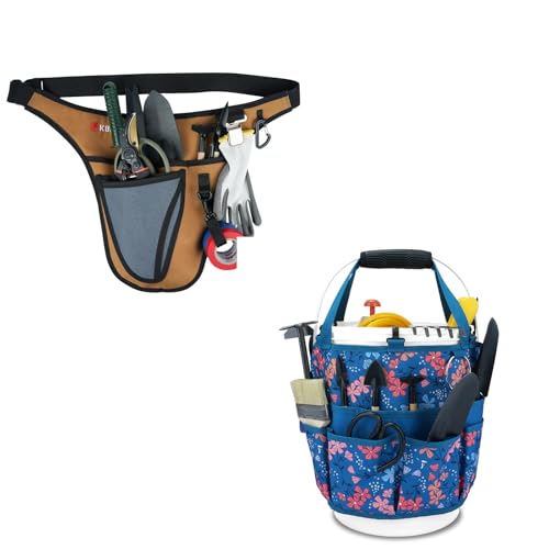 KUNN Garden Tool Waist Belt - 4 Deep Pockets Tool Apron for Women Men,Utility Pouch + Bucket Organizer 5 Gallon 18-Pocket Tool Bucket Bag with 6 Hooks
