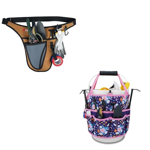 KUNN Garden Tool Waist Belt - 4 Deep Pockets Tool Apron for Women Men,Utility Pouch + 5 Gallon Bucket Tool Organizer 18-Pocket Heavy-Duty Bucket Caddy