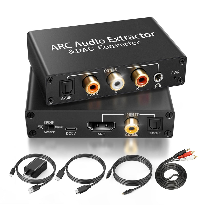HDMI ARC Audio Extractor DAC Audio Converter 192KHz Digital to Analog Converter for PS3 PS4 HDTV DVD Home Systems, HDMI ARC/Optical/Coaxial Input, SPDIF/Optical/RCA/3.5mm Stereo Output(with 4 Cables) ARC+DAC