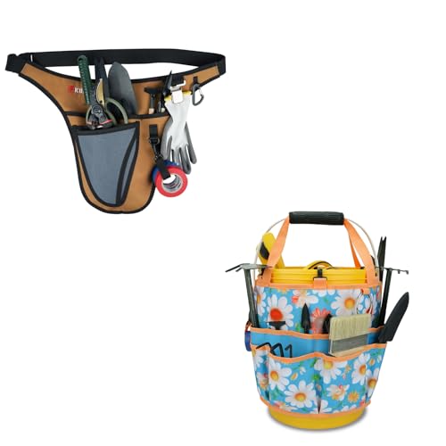 KUNN Garden Tool Waist Belt - 4 Deep Pockets Tool Apron for Women Men,Utility Pouch + 5 Gallon Bucket Organizer 18-Pocket Tool Bag with Hangable Handle
