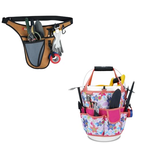 KUNN Garden Tool Waist Belt - 4 Deep Pockets Tool Apron for Women Men,Utility Pouch + 5 Gallon Bucket Organizer 18-Pocket Bucket Tool Bag with Hangable Handle