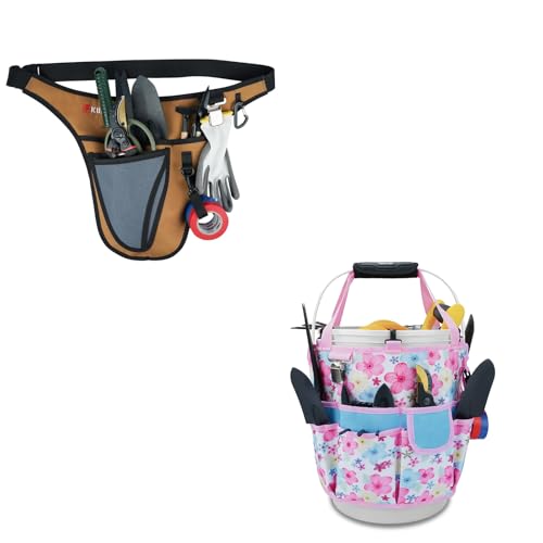 KUNN Garden Tool Waist Belt - 4 Deep Pockets Tool Apron for Women Men,Utility Pouch + Gardening Gift for Women Men 5 Gallon Bucket Tool Organizer with 18 Pockets