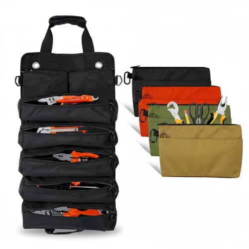 2-Piece Tool Bag Set – Heavy-Duty Roll-Up Waterproof Tool Organizer with 5 Compartments & Small Tool Pouch, Portable Foldable Tool Storage for Electrician, Mechanic, Carpenter, and DIY Projects