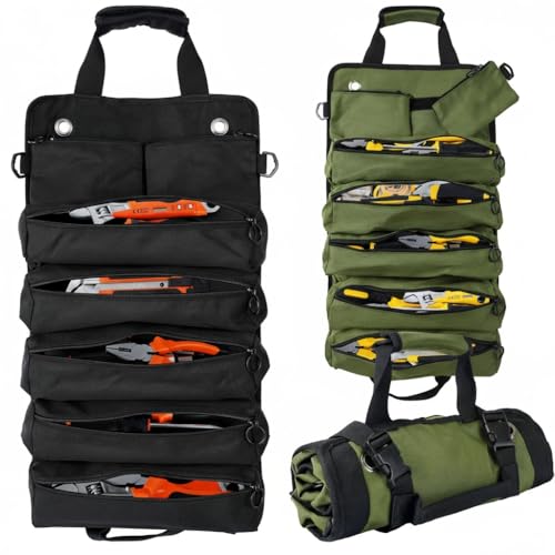 2-Piece Tool Bag Set, Black Roll-Up Waterproof Tool Organizer & Army Green Small Tool Pouch, Heavy-Duty Tool Storage Combo for Electrician, Mechanic, Carpenter, and DIY Projects