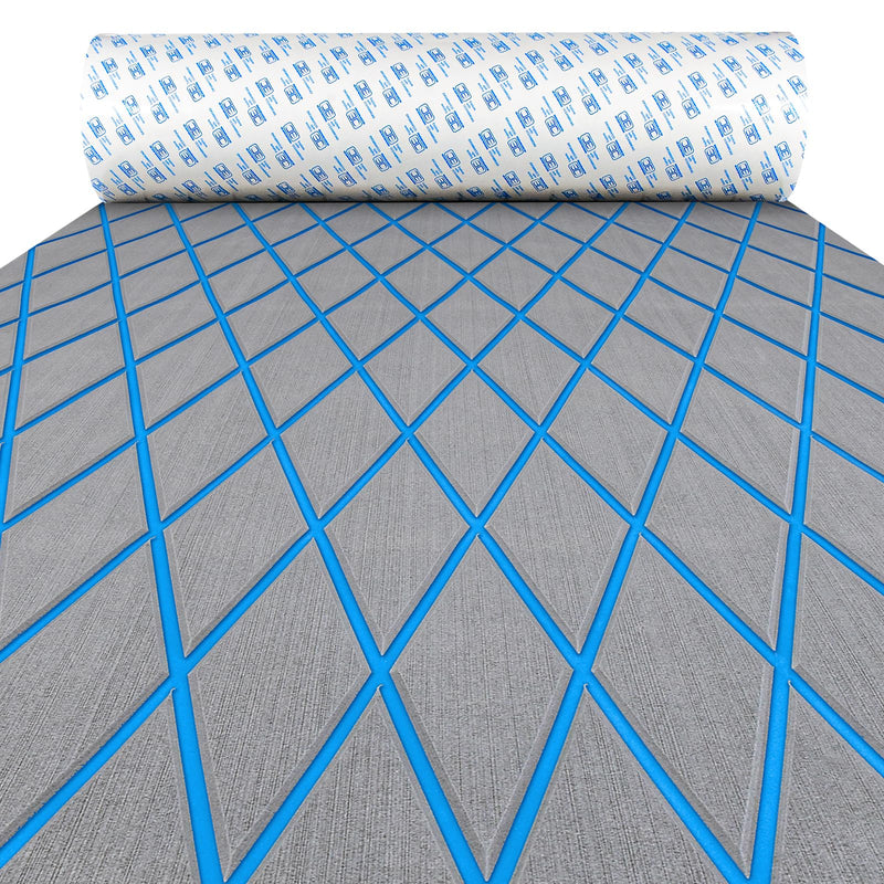 OCEANBROAD Diamond Boat Flooring with Self-Adhesive 96''x16''/38''/47'' | Double-layer, Non-Slip, 6 mm Eva Foam Marine Decking, Easy to Install, For Motor Pontoon Boats, RV Floor, Kayak, Surfboard Gray with Blue Lines 96''L x 16''W-10.67sqft