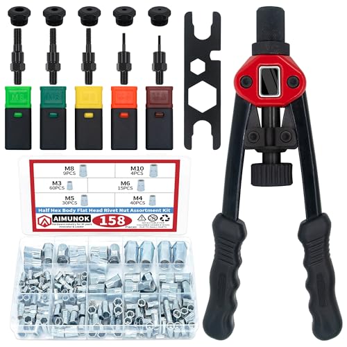 14" Rivet Nut Tool Kit with 5 Mandrels & 158-Pc M3-M10 Rivet Nuts Assortment, Blue Zinc Plated Carbon Steel