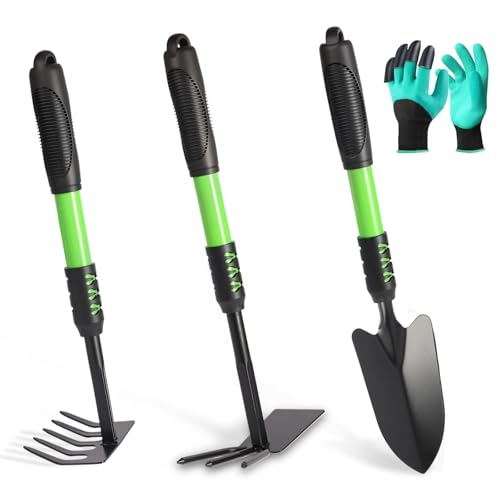 Garden Tools Set, 4 Pack Gardening Tools, Stainless Steel Heavy Duty Hand Cultivator, Hoes, Spade Shovel, for Planting Weeding Digging, Gardening Gifts for Women, Green