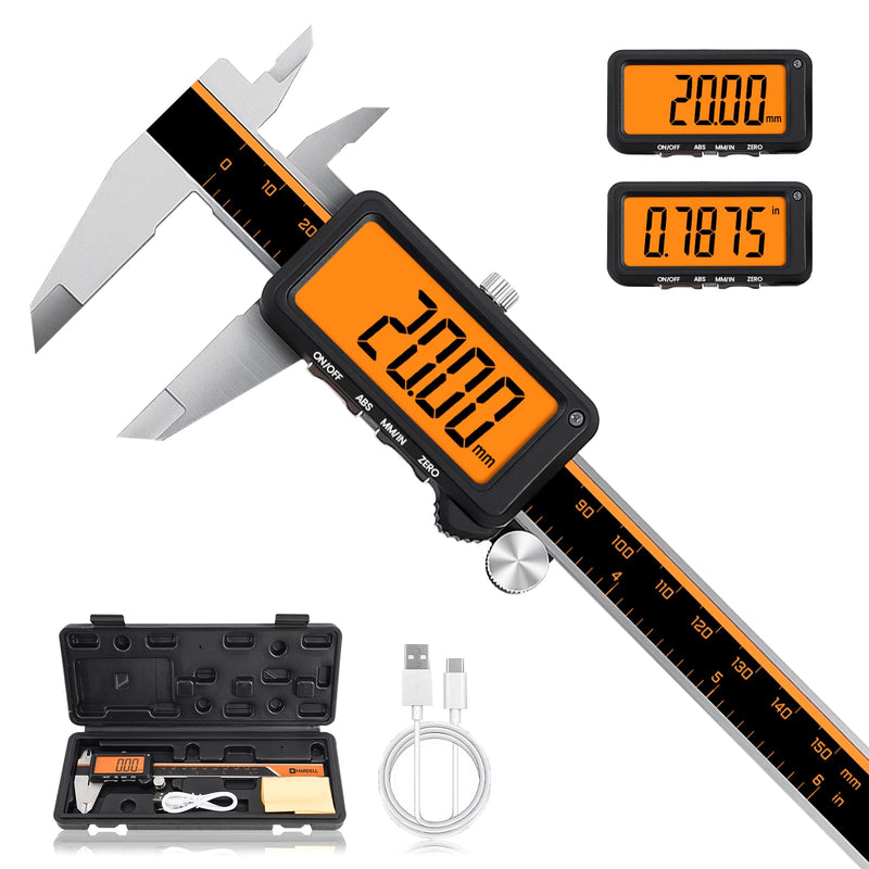 HARDELL Digital Caliper, Rechargeable Calipers with Large Orange Screen (No Backlight), Anti-Glare LCD & ABS Function, in/MM Caliper Measuring Tool, Stainless Steel Micrometer -Auto Off for Household Bright Orange