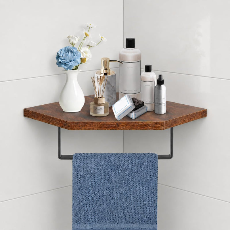 Hand Towel Holder/Towel Ring with Wooden Shelf, Hand Towel Rack, Hand Towel Hanger for Bathroom, Bath Accessories Wall Mounted, (Matte Black, 9.2"-Diamond Shaped) Matte Black