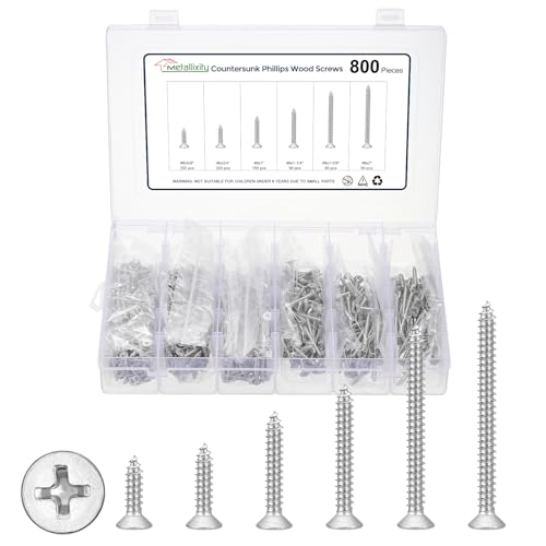 METALLIXITY 800Pcs #8 Countersunk Phillips Wood Screws Kit SS304 #8x5/8" to #8x2" Silver 800