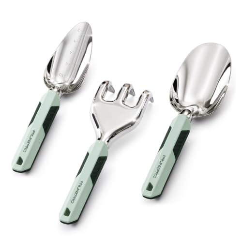 PrunePro Garden Hand Tools Set: 3 Pack Gardening Tools Trowel Transplanter Cultivator Stainless Steel Ergonomic Yard Tool Kit