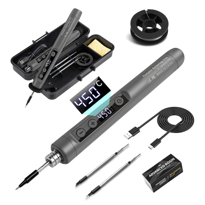Flintronic Battery Soldering Iron Set, USB Wireless Soldering Iron Set with LCD, Adjustable Temperatures 180 ℃-450 °C, Rechargeable with 3 Soldering Tips/Soldering Wire/Soldering Paste for Repair of Welding #2 A-grey