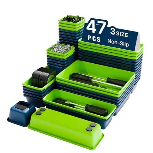 47pcs Tool Box Organizer, Tool Drawer Organizer Trays with Non-slip EVA Pads – Interlocking Divider Set, Fit Garage Storage Desk Drawers & Rooling Tool Cart (Blue & Green 47PCS) Blue & Green 47PCS