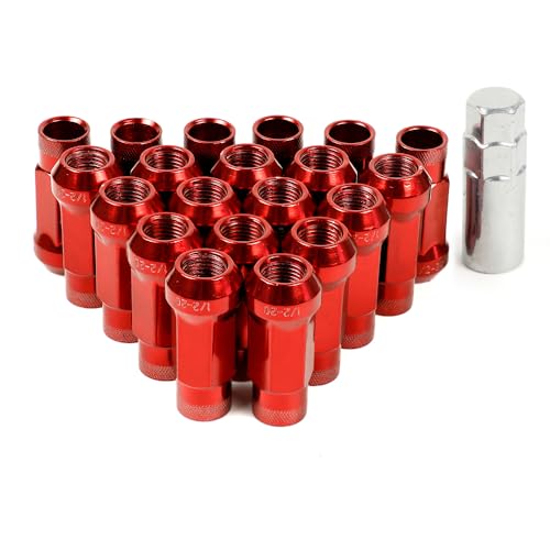 20PCS 1/2"-20 Lug Nuts for Bronco Cherokee Liberty Mustang Ranger Explorer YJ TJ KJ KK ZJ WJ WK XK MJ XJ Aftermarket Wheels, Extended Open End 1.93" Tall 17mm Hex, Cone Seat (Red, 1/2"-20) Red