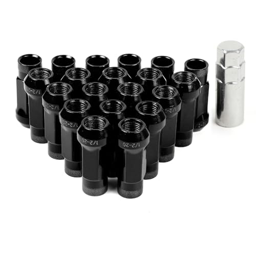 20PCS 1/2"-20 Lug Nuts for Bronco Cherokee Liberty Mustang Ranger Explorer YJ TJ KJ KK ZJ WJ WK XK MJ XJ Aftermarket Wheels, Extended Open End 1.93" Tall 17mm Hex, Cone Seat (Black, 1/2"-20) Black