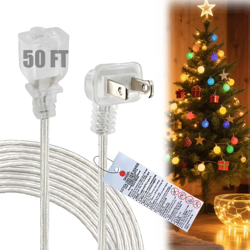 50FT Extension Cord, Clear,Thin,Flat Plug Extension Cord Indoor/Outdoor, 2 Prong, ETL-Certified, for Christmas Lights,Holiday String Lights,Christmas Decorations 50FT 1 pack
