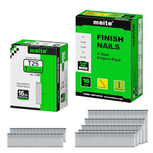meite 16 Gauge Finish Nails, Total 5,000 Counts – 1" (2,500 Counts) and Assorted 5 Sizes (1", 1-1/4", 1-1/2", 2", 2-1/2" Each Size 500), Galvanized Straight 16GA Finish Nails for Finish Nailers