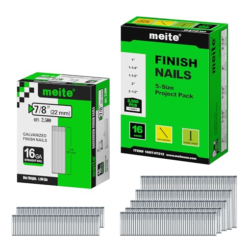 meite 16 Gauge Finish Nails, Total 5,000 Counts – 7/8" (2,500 PCS) and Assorted 5 Sizes (1", 1-1/4", 1-1/2", 2", 2-1/2", 500 PCS Each), Galvanized Straight 16GA Finish Nails for Finish Nailers