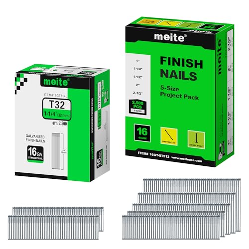 meite 16 Gauge Finish Nails, Total 5,000 Counts – 1-1/4" (2,500 Counts) and Assorted 5 Sizes (1", 1-1/4", 1-1/2", 2", 2-1/2" Each Size 500), Galvanized Straight 16GA Finish Nails for Finish Nailers