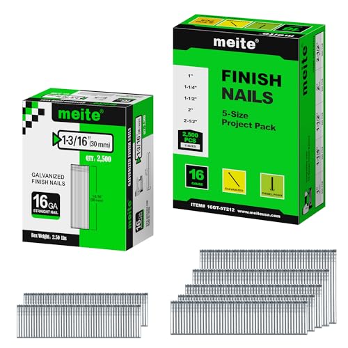 meite 16 Gauge Finish Nails, Total 5,000 Counts – 1-3/16" (2,500 Counts) and Assorted 5 Sizes (1", 1-1/4", 1-1/2", 2", 2-1/2" Each Size 500), Galvanized Straight 16GA Finish Nails for Finish Nailers